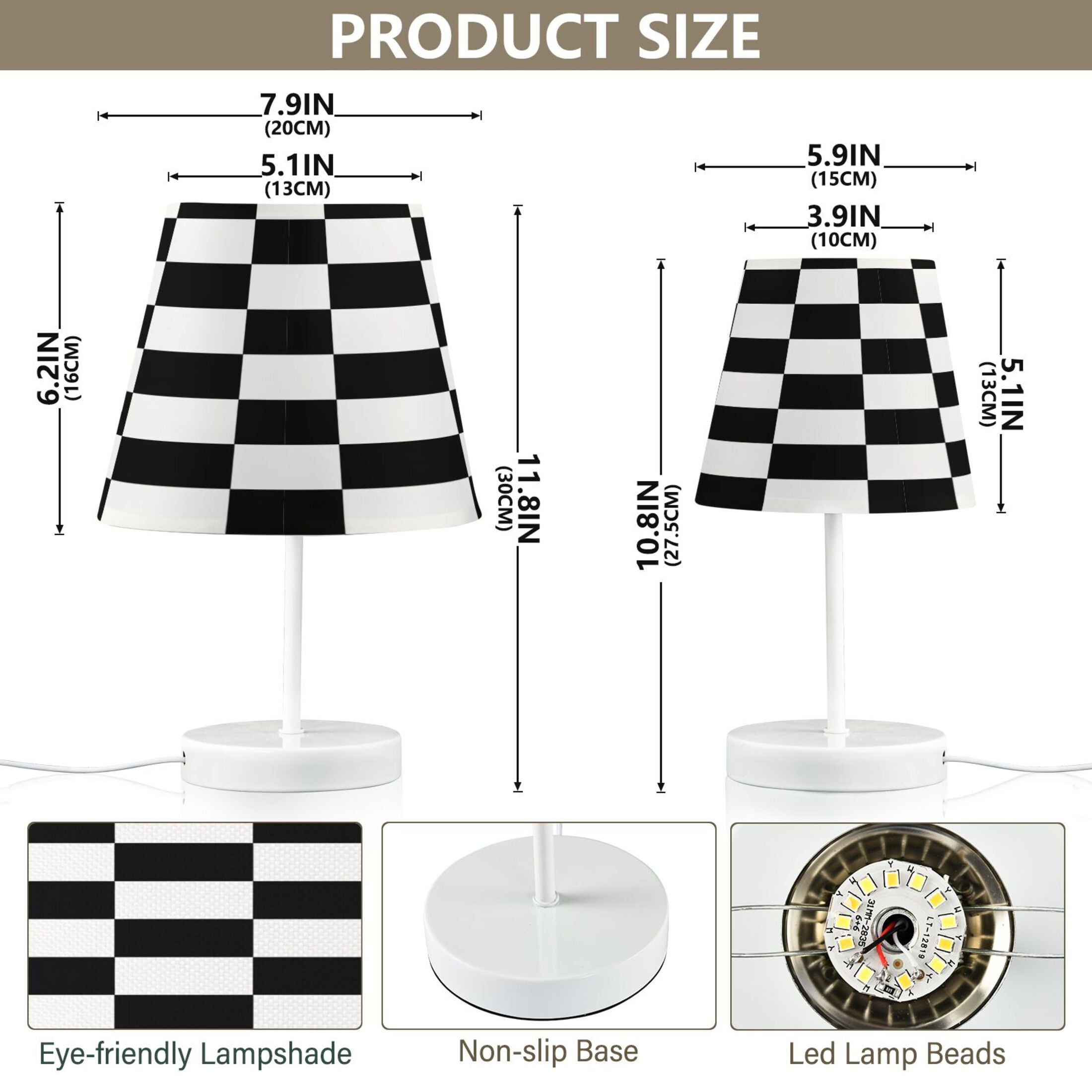 Ryvnso LED Bedside Table Lamp White and Black Checkered Grid Art Pattern Bedroom Desk Lamps Nightstand Lampshade M