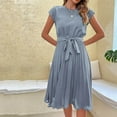 thumbnail image 4 of BLVB Women Summer Casual Dresses Fashion Cap Sleeve Pleated Midi Dress Crewneck Plain Wear to Work Dress with Belt, 4 of 5