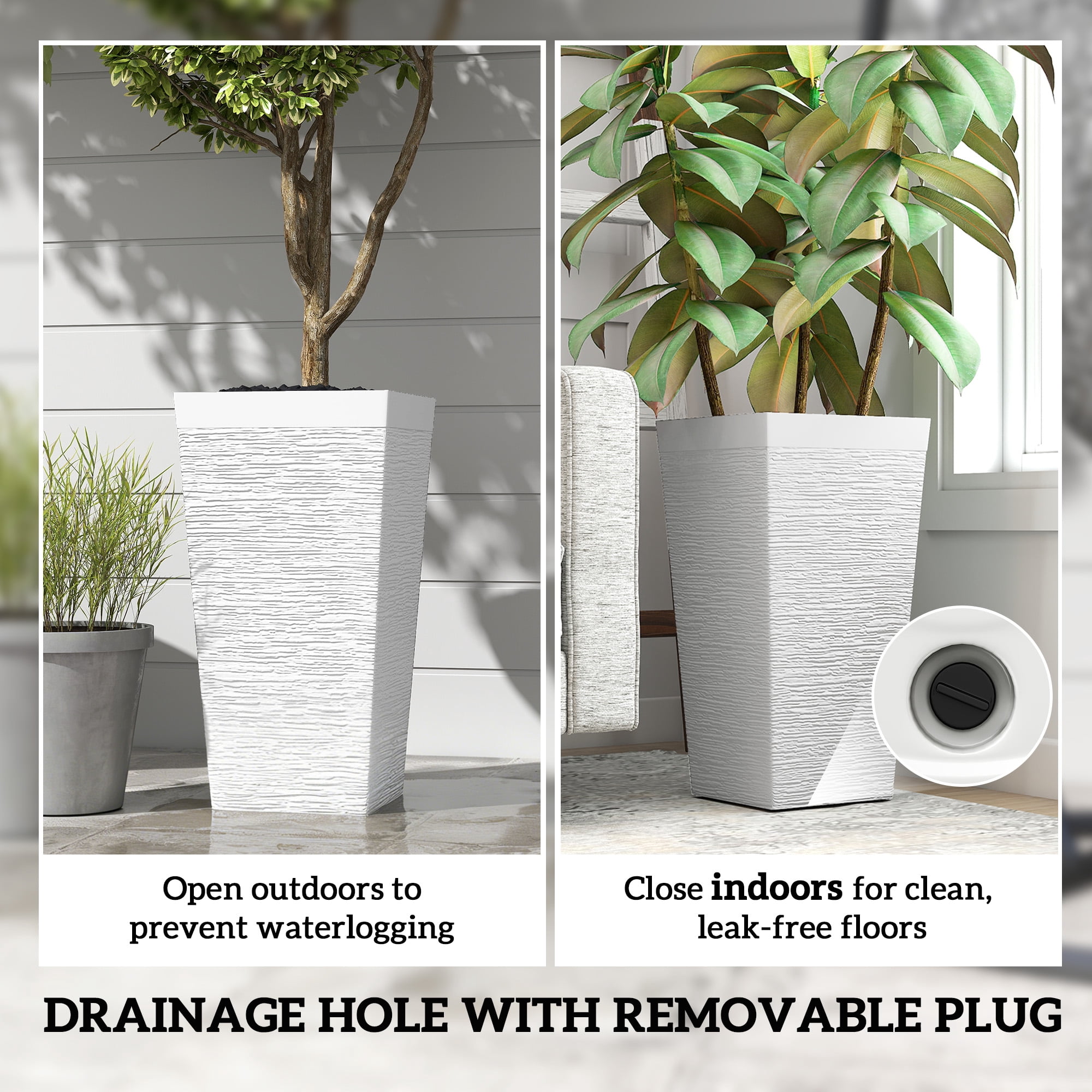 Outsunny 22.8 Inch Outdoor Planters, Set of 3 Plastic Flower Pots with Stone Finish and Wheels, Stackable Tapered Planters with Drainage Hole, White