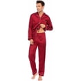 thumbnail image 4 of Visland Men's Satin Pajamas Set Long Sleeve Suit Button Solid Color Long Sleeve Suit 2 Piece Sleepwear, 4 of 6