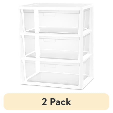 (2 pack) Sterilite Wide 3 Drawer Tower, Plastic Storage Organizer with Removable Clear Bins, Easy to Assemble - No Tools Needed, White