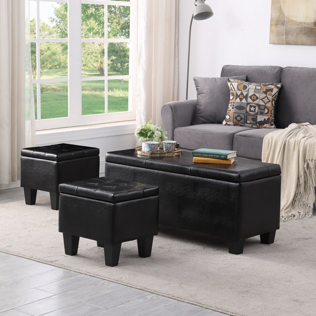 Large Storage Ottoman Bench Set, 3 in 1 Combination Ottoman, Tufted PU