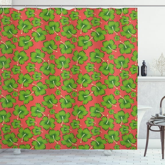 Garden Art Shower Curtain, Tropical Theme Botanical Motifs with Exotic Hibiscus Flowers in Green, Fabric Bathroom Set with Hooks, 69W X 84L Inches Extra Long, Dark Coral and Green, by Ambesonne