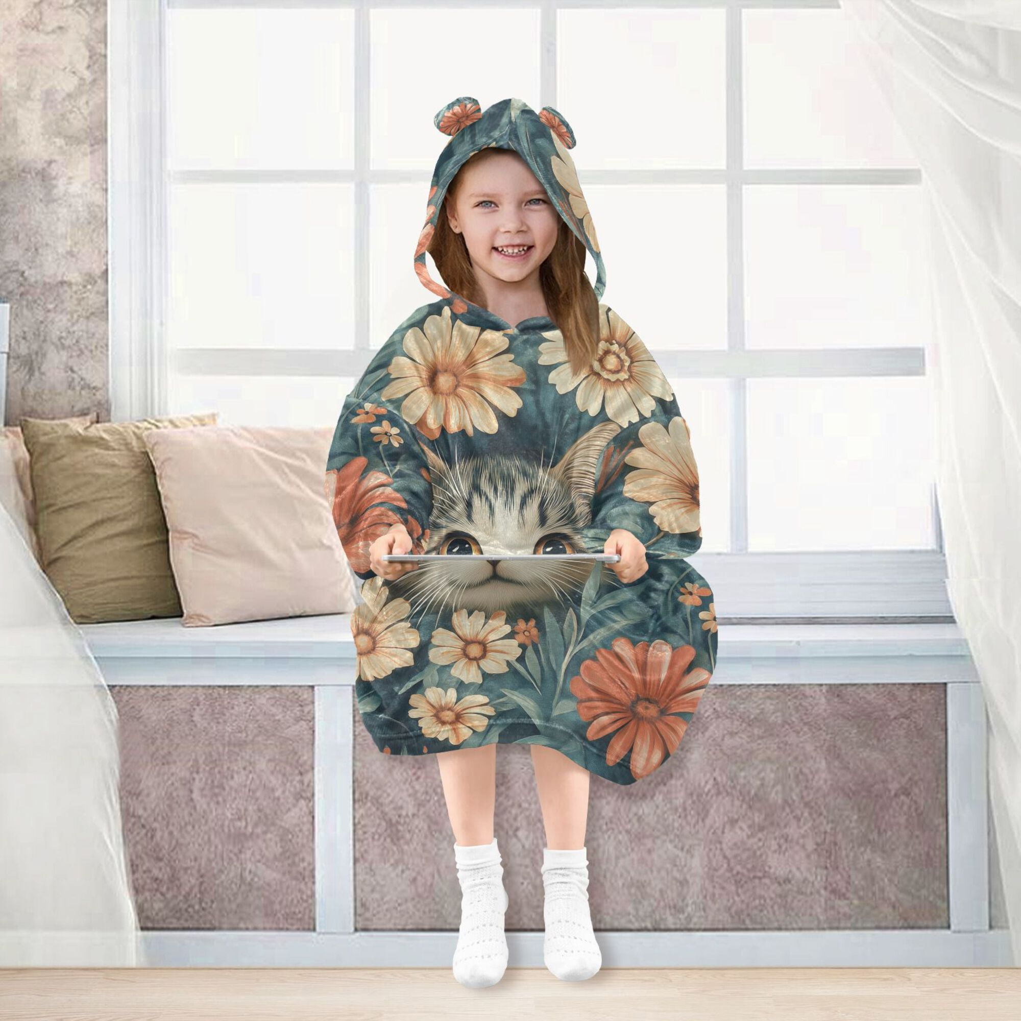 FORMRS Wearable Blanket Hoodie with Sleeves for Kids Cozy Flannel Sweatshirt, Flowers Cat