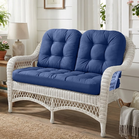 Waterproof Tufted Wicker Chair Cushions, 4" Thick Anti-Slip Patio Furniture Pads, Set of 3,Navy Blue