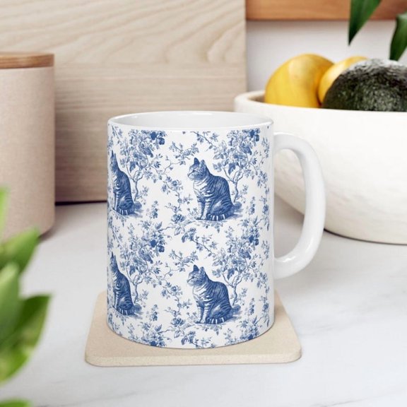 Tabby Cat French Mug, Vintage Style Coffee Cup Blue Toile Coffee Mug for Tabby Cat Lovers, Blue Toile Gift Tea Cup for Cat Lady, Tabby Mom Tea Drinkware