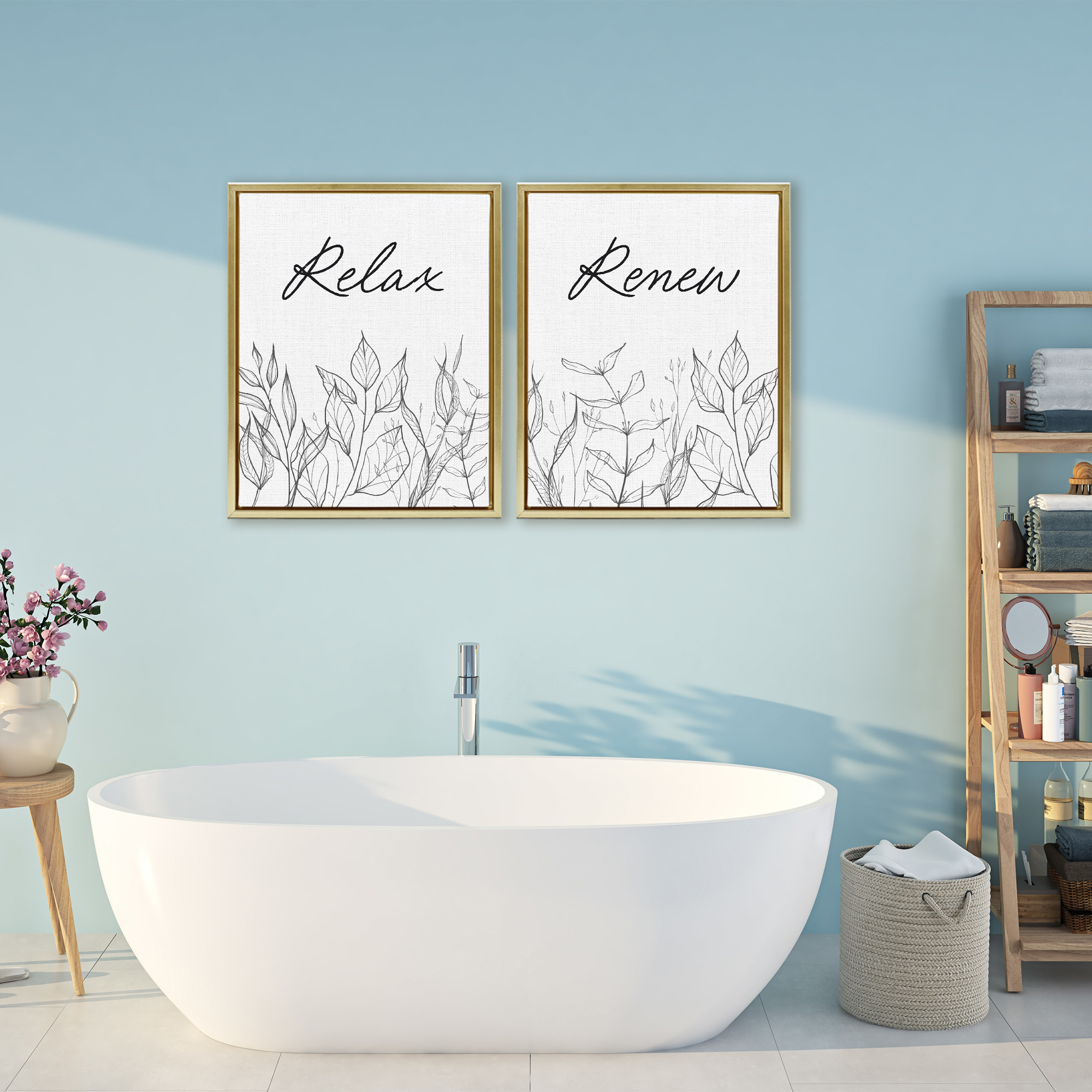 Relax and Renew Leaf Outlines 2 Piece Gold Framed Floater Canvas Set, design by Lettered and Lined