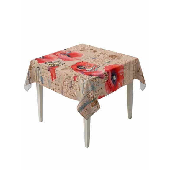 Retro Red Table Cloth 54x54 Inch Square, Poppy Plant Flower Butterfly Pattern Waterproof Tablecloth Washable Table Cover for Party Picnic Dinner Decor