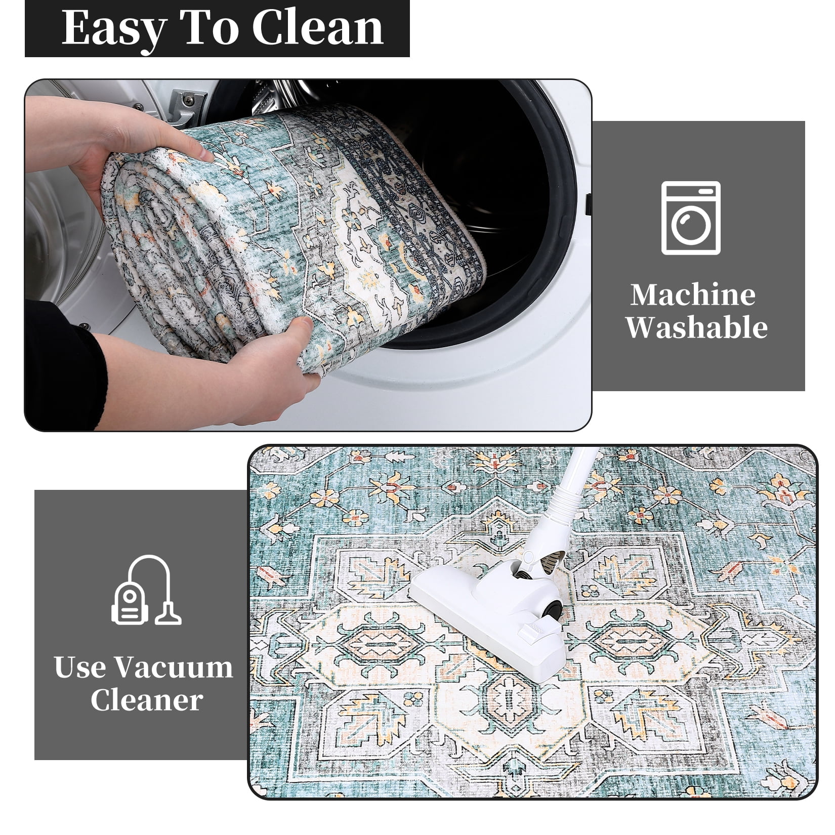 GlowSol 9'x12' Large Area Rugs for Living Room Vintage Persian Washable Rug Boho Rug Soft Floral Distressed Rug Non-Slip Low Pile Carpet, Teal