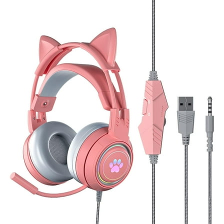 Zhihuico Wired Gaming Headphones with Light-Up Pink Detachable Cat Ears