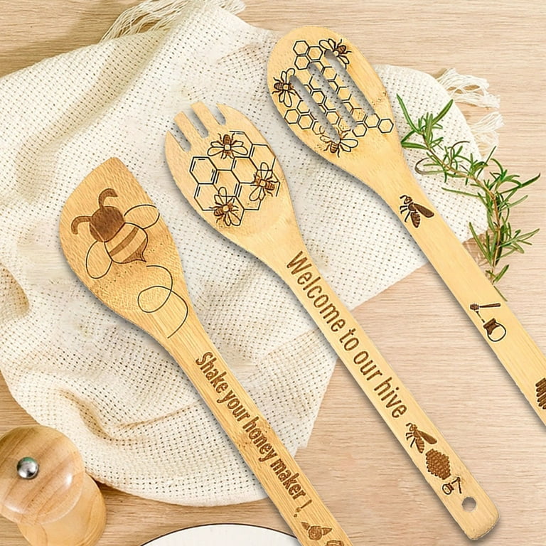 Mishuowoti wooden spoons spatula set themed cooking utensils non stick  carve spoons burned cookware kitchen gadget kit housewarming gift chef  present funny kitchen decor 