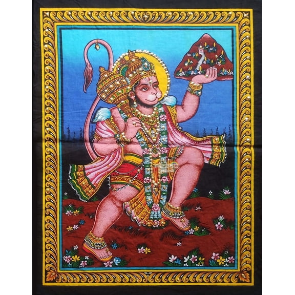 Lord Hanuman Tapestry Hindu Monkey God Wall Hanging 17 x 21 inch Indian Spiritual Art Poster - Rainbow Handicraft