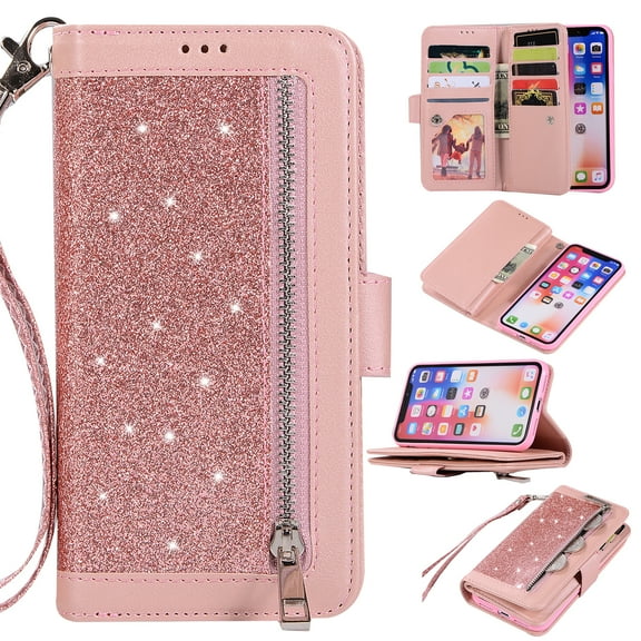 Zipper Wallet Case for iPhone Xs Max 6.5-inch, Allytech Bling Glitter Leather Case with 9 Credit Card Holder Flip Magnetic Closure Stand Cover with Cash Pocket and Hand Strap, Pink