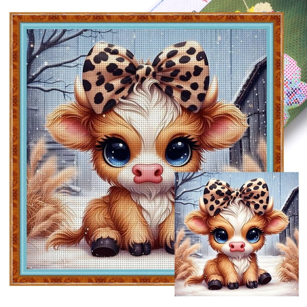 Hilo Algodón Ecológico Bordado Punto Cruz Impreso Vaca Highland 11CT 40x40cm
