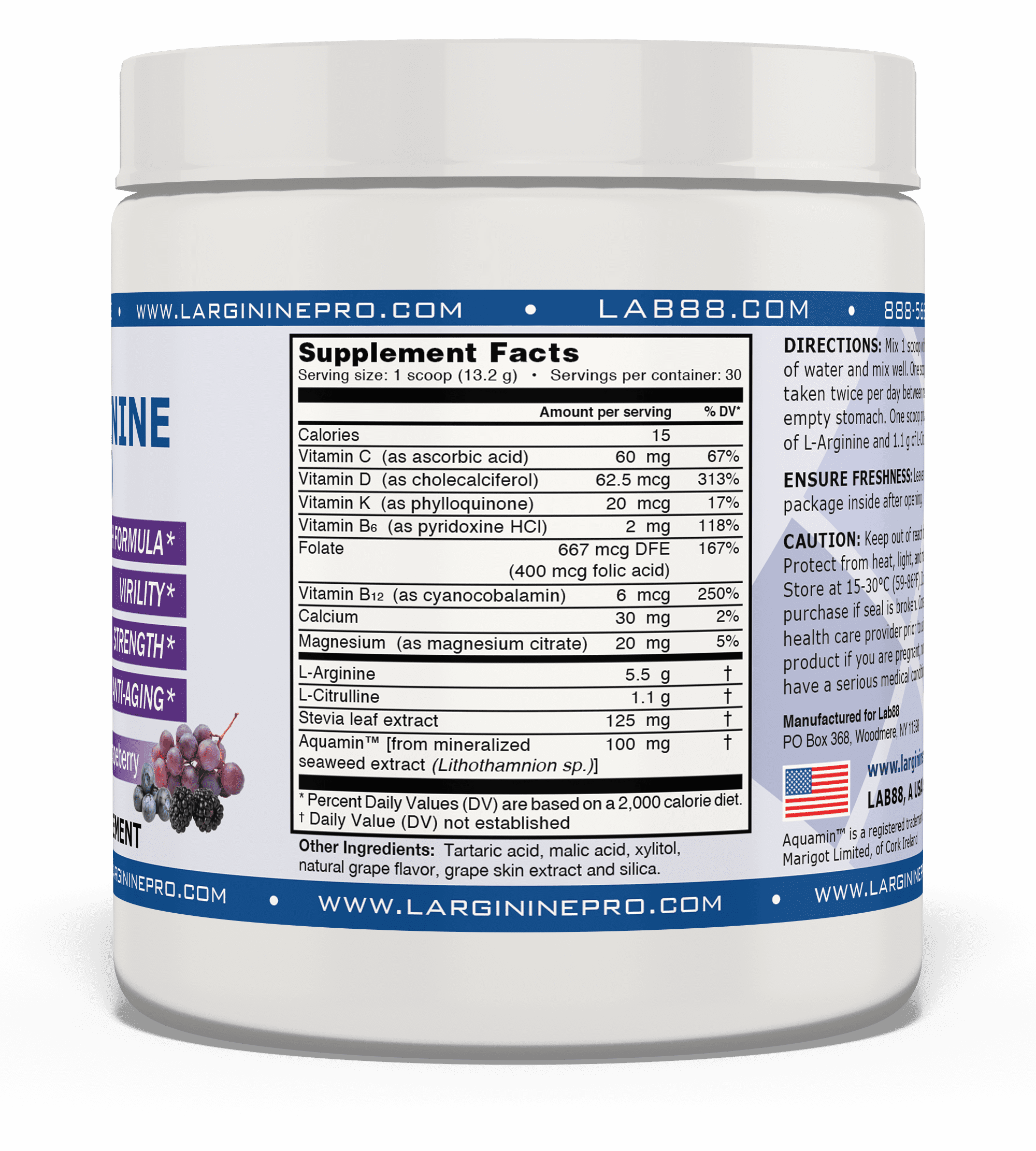 L-Arginine Pro Powder - 5500mg L-Arginine, 1100mg L-Citrulline Cardio Health (Grapeberry Jar / Raspberry Jar)