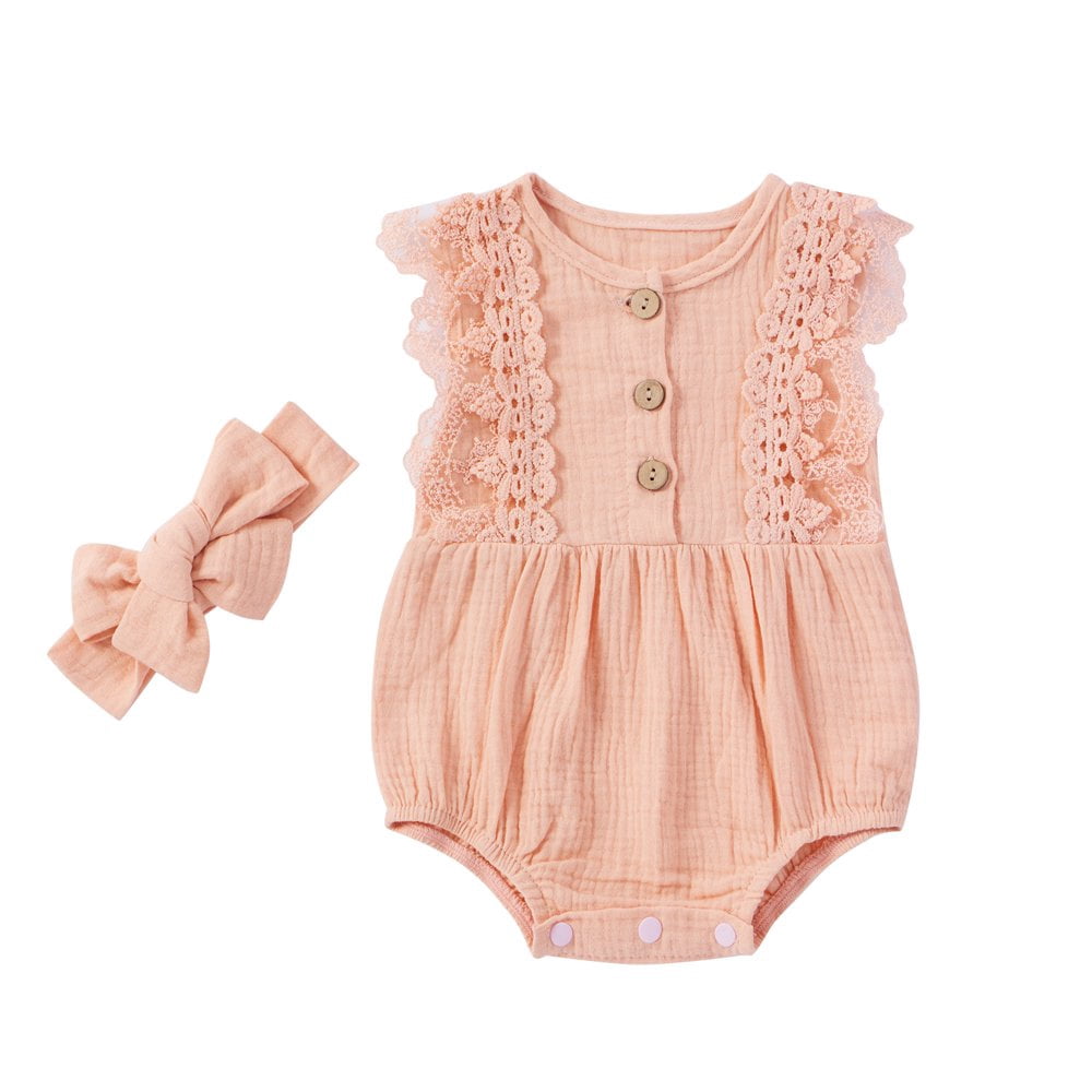 Ensemble 2 Pcs pour Bébés Filles Sans Manches en Coton Lin avec Bandeau
