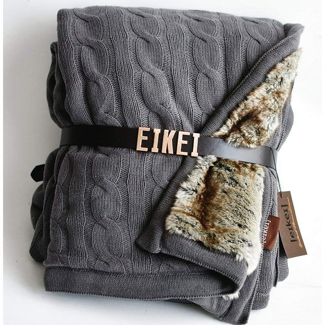 Eikei Luxury Cable Knit Throw with Faux Fur Reverse Knitted Cozy Blanket in Charocal and Chinchilla Brown Reversible (Grey)