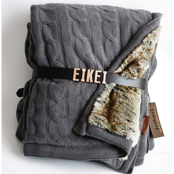 Eikei Luxury Cable Knit Throw with Faux Fur Reverse Knitted Cozy Blanket in Charocal and Chinchilla Brown Reversible (Grey)
