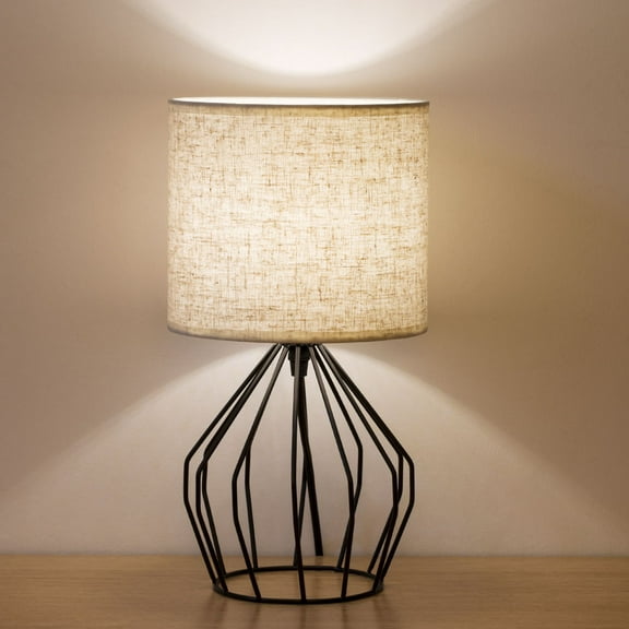 Nightstand Lamp Modern Style Black Hollowed Out Base with Linen Fabric Shade