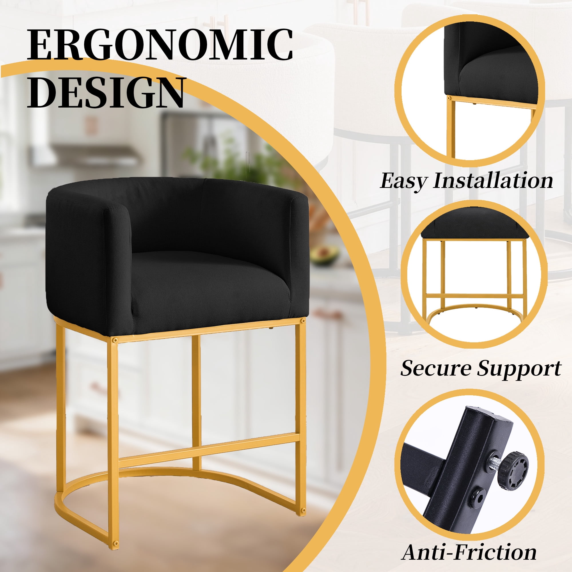 CRERIYO 26" Counter Height Bar Stool Set of 1, Fabric Upholstered Modern Barrel Bar Chair with Metal Frame, Black