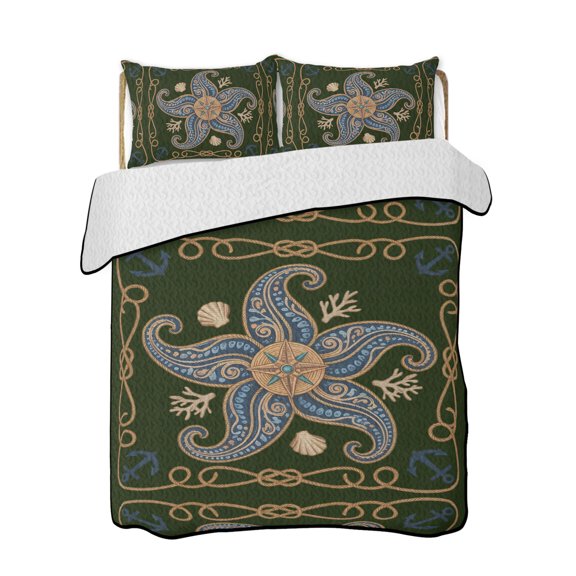 Quilts Queen Size Bedding Set, Nautical Starfish Reversible Summer Quilt 3 Pieces, Green Line Abstract Art Coastal Lightweight Bedspreads Coverlets with 2 Pillow Shams for All Seasons