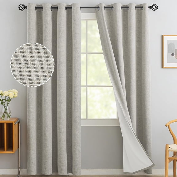JIANCOL Warm Natural Oatmeal Linen Curtains 100% Blackout 84 Inches Long Grommet Room Darkening Window Treatment Drapes 2 Panels with White Liner for Living Room 52"x84"