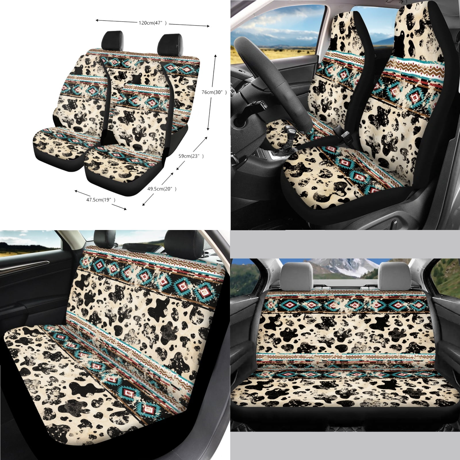 Renewold American Tribal Cow Print Car Front Back Seat Covers 14 PCS Set, with Steering Wheel Cover Seat Belt Pad Garbage Bin Armrest Cover Pad Rearview Mirror Cover Handbrake Cover Set Coasters