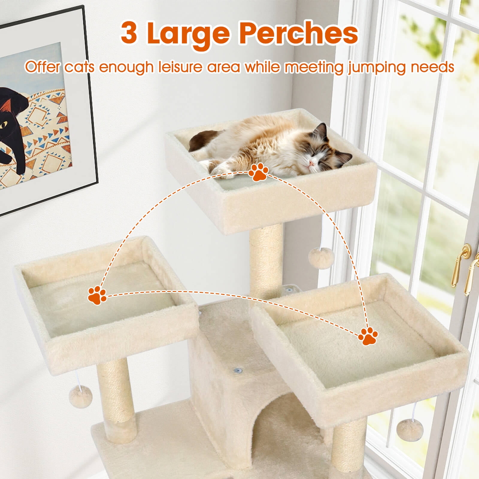 Costway 65” Tall Multi-level Cat Tree with 3 Upholstered Top Perch 2 Cat Condos Cat Basket Beige
