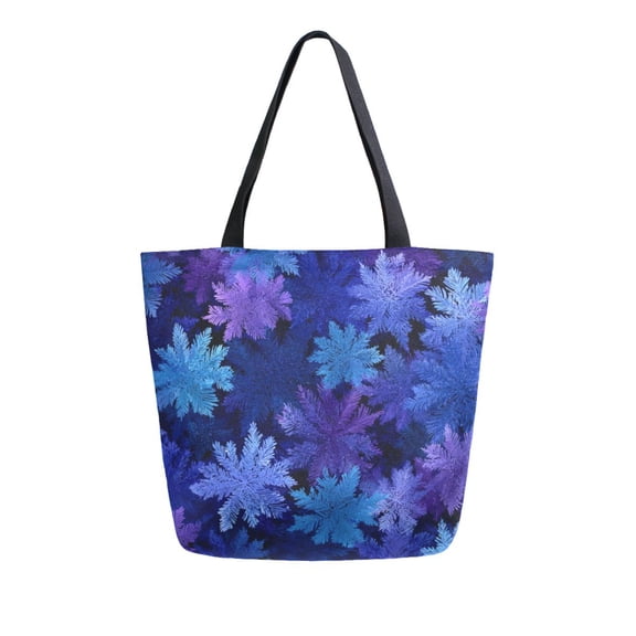 Open Top Canvas Tote Bag with Zipper Reusable Shopping Bag 13.5x15" Roomy Carryall Deep Indigo Snowflakes