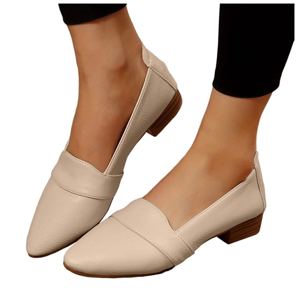 Dress Shoes for Women Ladies 2025 White Leather Pointed Toe Chunky Mid Heels Formal Slip on Dressy Pumps Fall
