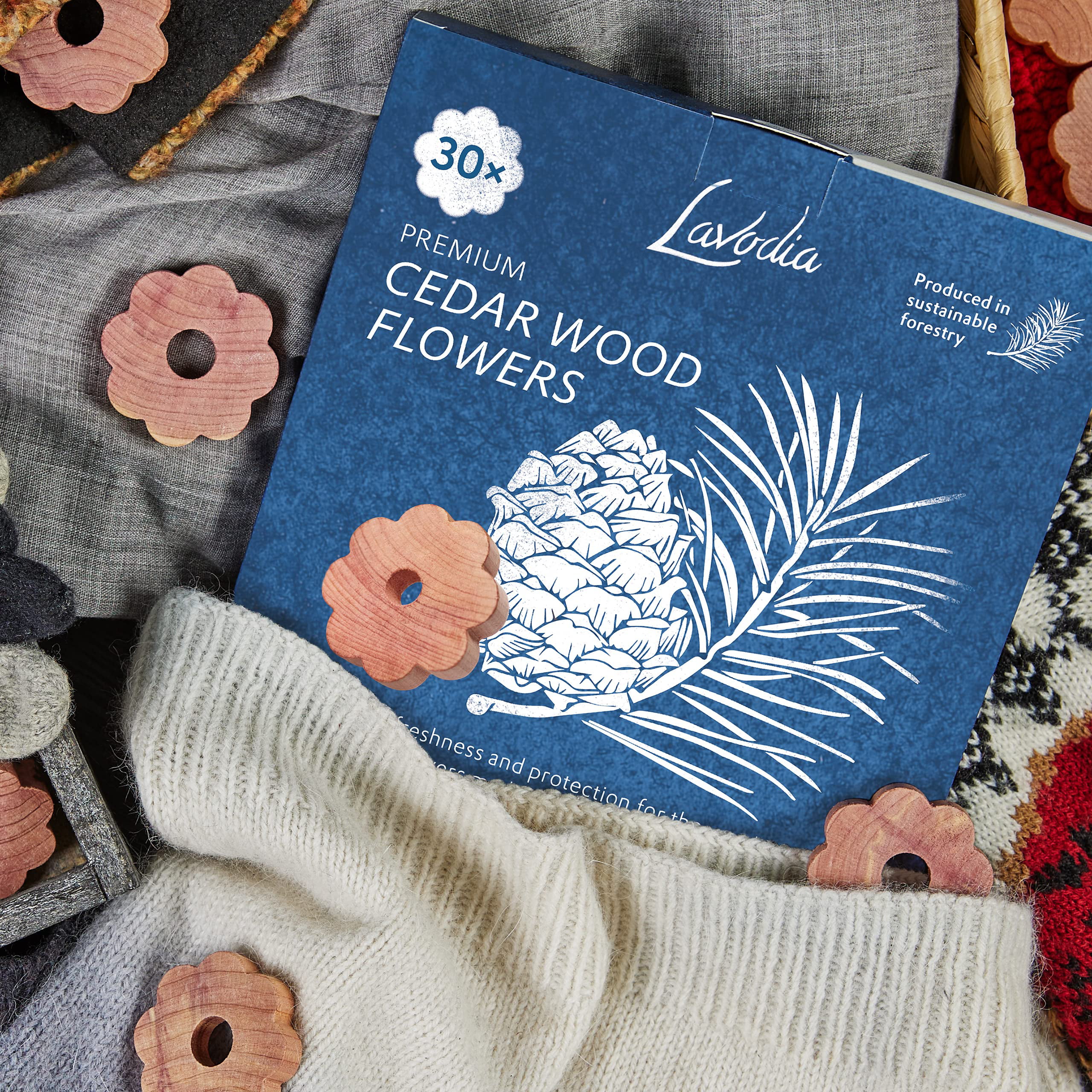 LAVODIA Moth Repellents for Closets: 30X Premium Cedar Wood Flower Rings  for Han