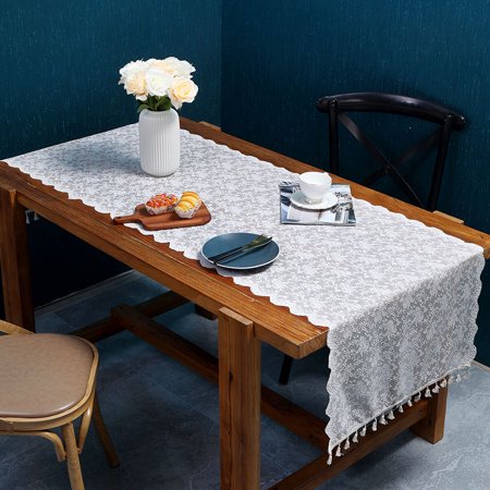 

1pc Rectangle Table Runner White Small Floral Lace Table Cloth With Tassel