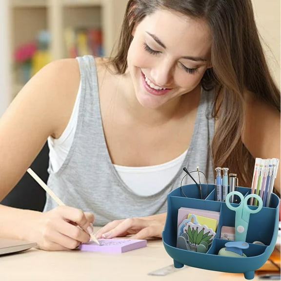 Desktop Stationery Organizer Box Plastic | Multi-Compartment Pen Holder Large Capacity | Home Office Desk Supplies Organizer White Pink Blue Green | Modern Tidy Storage 7.4x4.25x4.25in Durable Easy