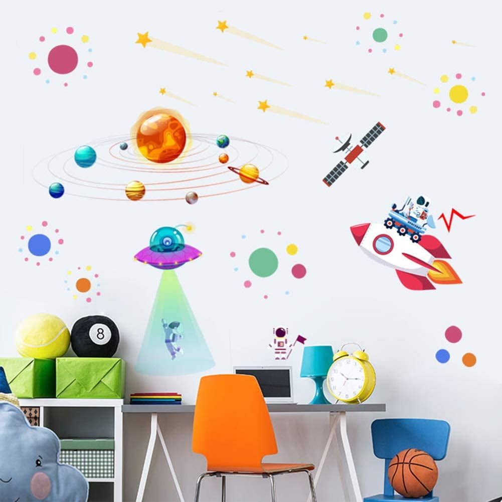 Rocket Retro Personalised Name Planets Cartoon Vinyl SPACE Wall Sticker Decal 