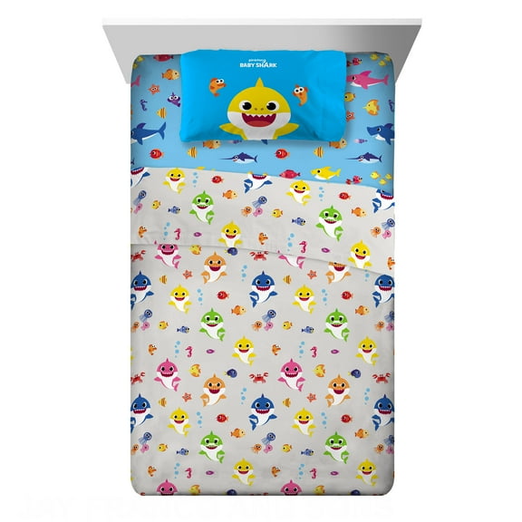 Baby Shark Kids Twin Full Sheet Set, Gray and Blue, Nickelodeon