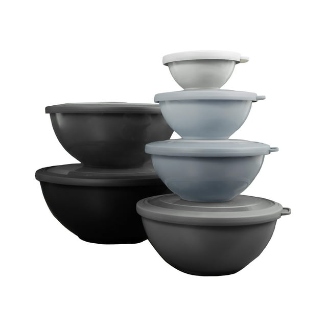 Thyme & Table 12-piece black and gray mixing bowl set with lids, shown stacked.