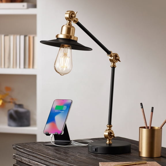 360 Lighting Taurus Industrial Rustic Desk Lamp 20" High Black Gold with USB Charging Port Adjustable for Bedroom Living Room Bedside Nightstand House