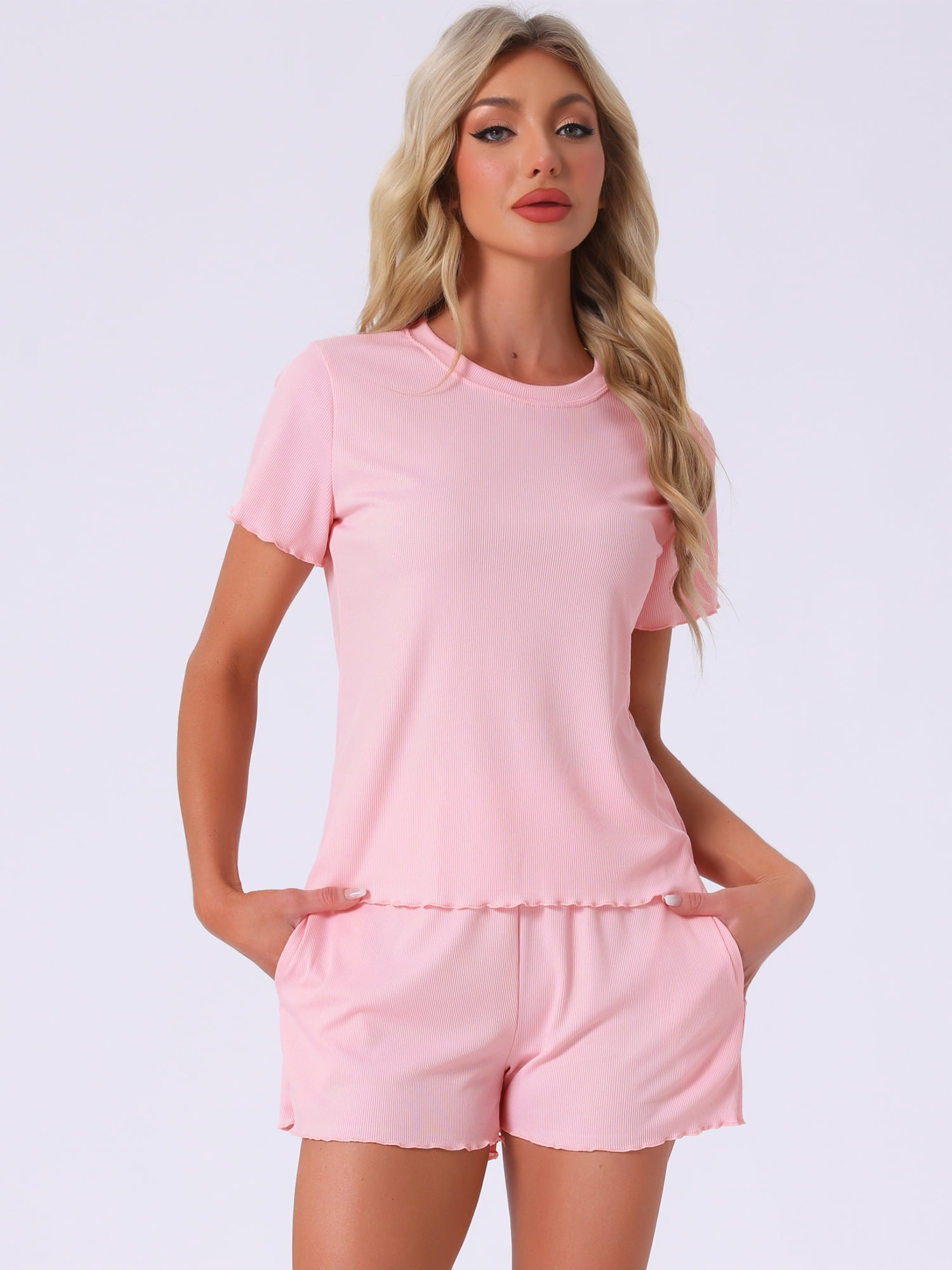 DARING DIVA Ribbed Knit Pajama Set Soft Short Sleeve Top M Pink