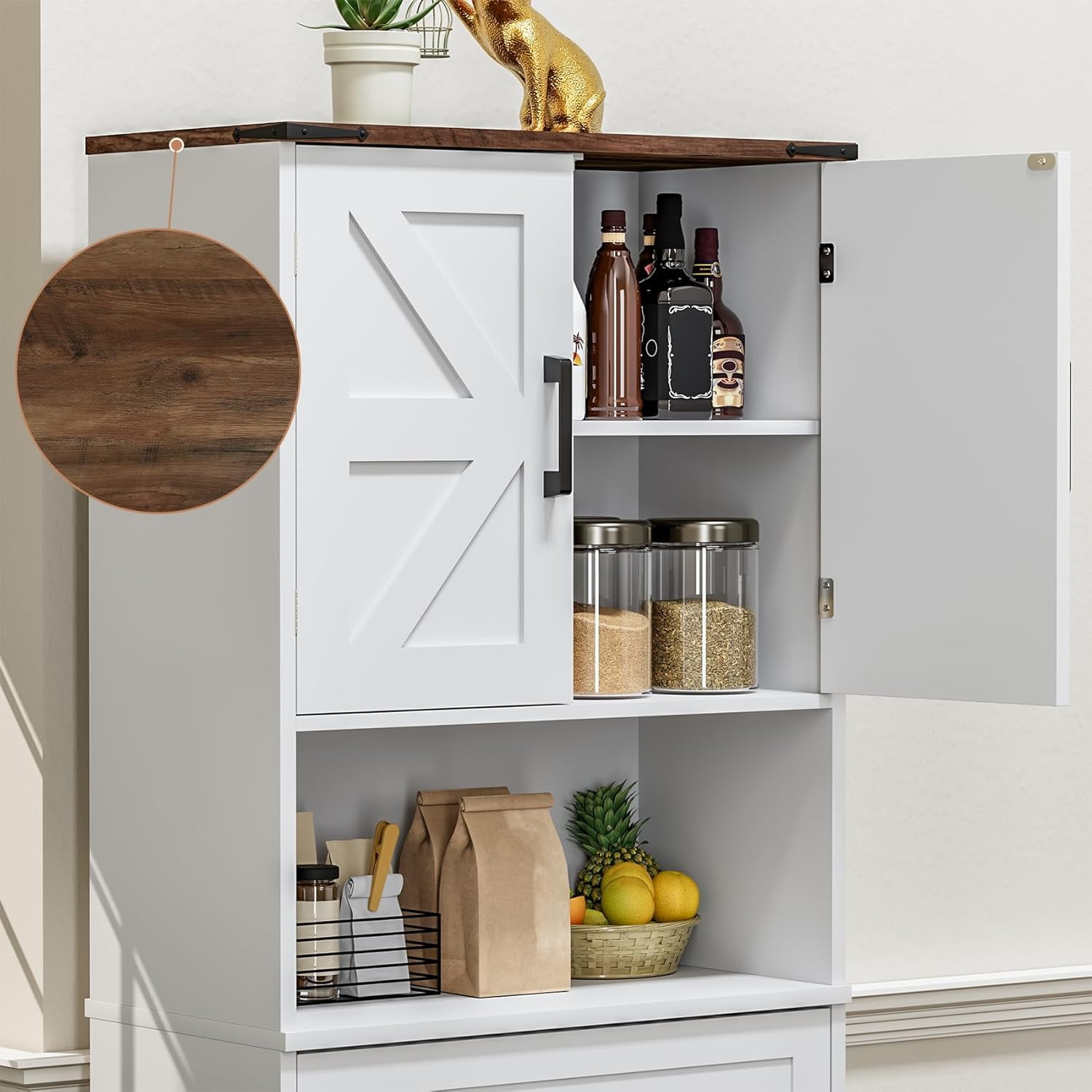 Winkalon 67" Kitchen Pantry Storage Cabinet with 4 Barn Doors & 2 Adjustable Shelves & 1 Drawer for Dining Room, Living Room,White