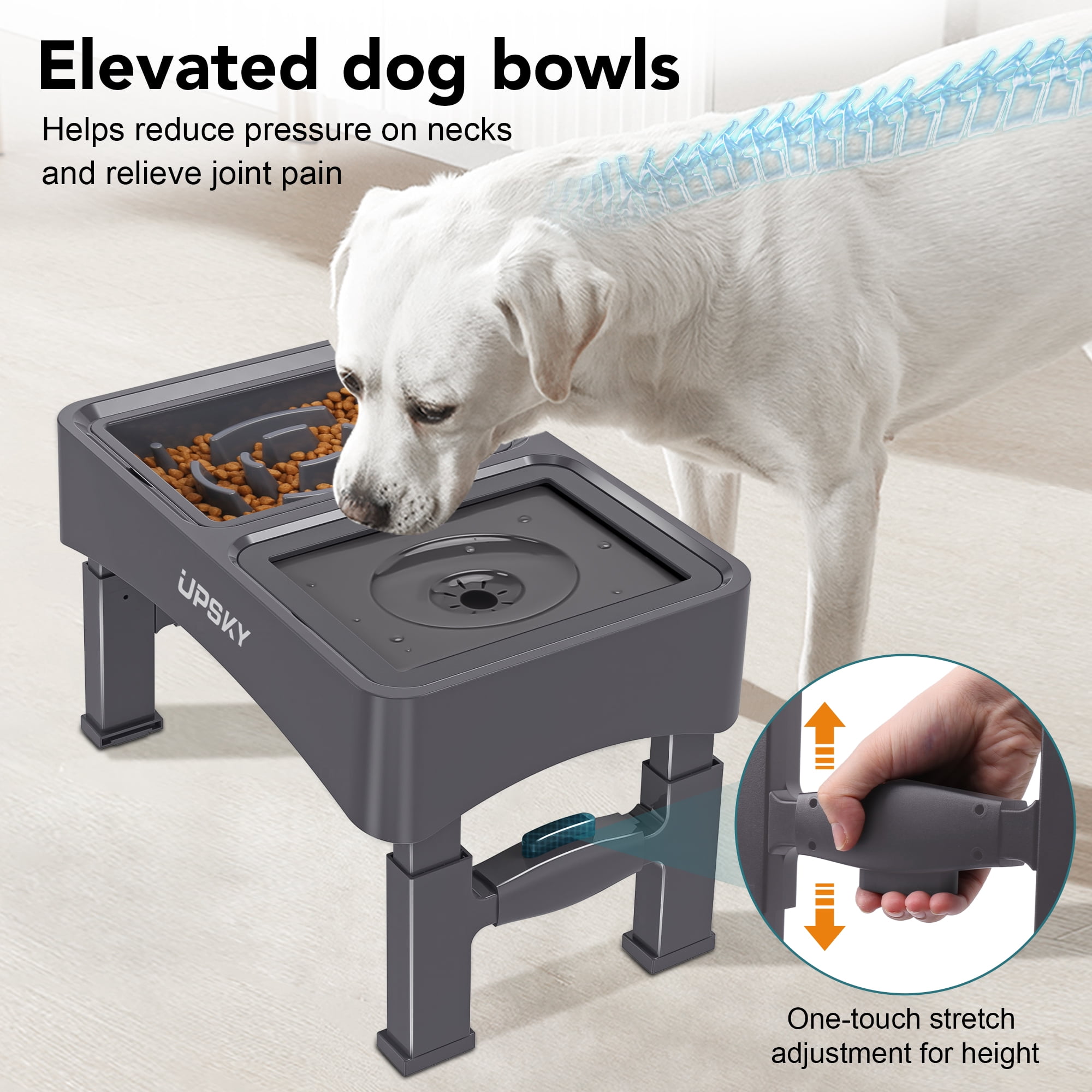 UPSKY 2-in-1 Elevated Dog Bowls Slow Feeder, 4 Height Adjustable Raised Dog Bowl Stand No Spill Dog Water Bowl Dispenser, Anti-Slip Dog Food and Water Bowl for Small Medium Dogs.