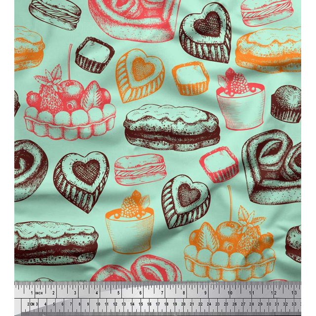 Soimoi Moss Georgette Fabric Burger & Fruit Cake Food Print Sewing Fabric Yard 42 Inch Wide