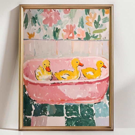 Playful Duck Bath Art Whimsical Home Decor Nursery Decoration Colorful Poster, Unframed Paper Poster 8x10in