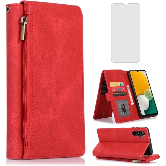 Compatible with Samsung Galaxy A13 5G Wallet Case Tempered Glass Screen Protector Zipper Leather Flip Cover Card Holder Stand Cell Accessories Phone Cases for Glaxay A 13 Gaxaly 13A Women Men Red