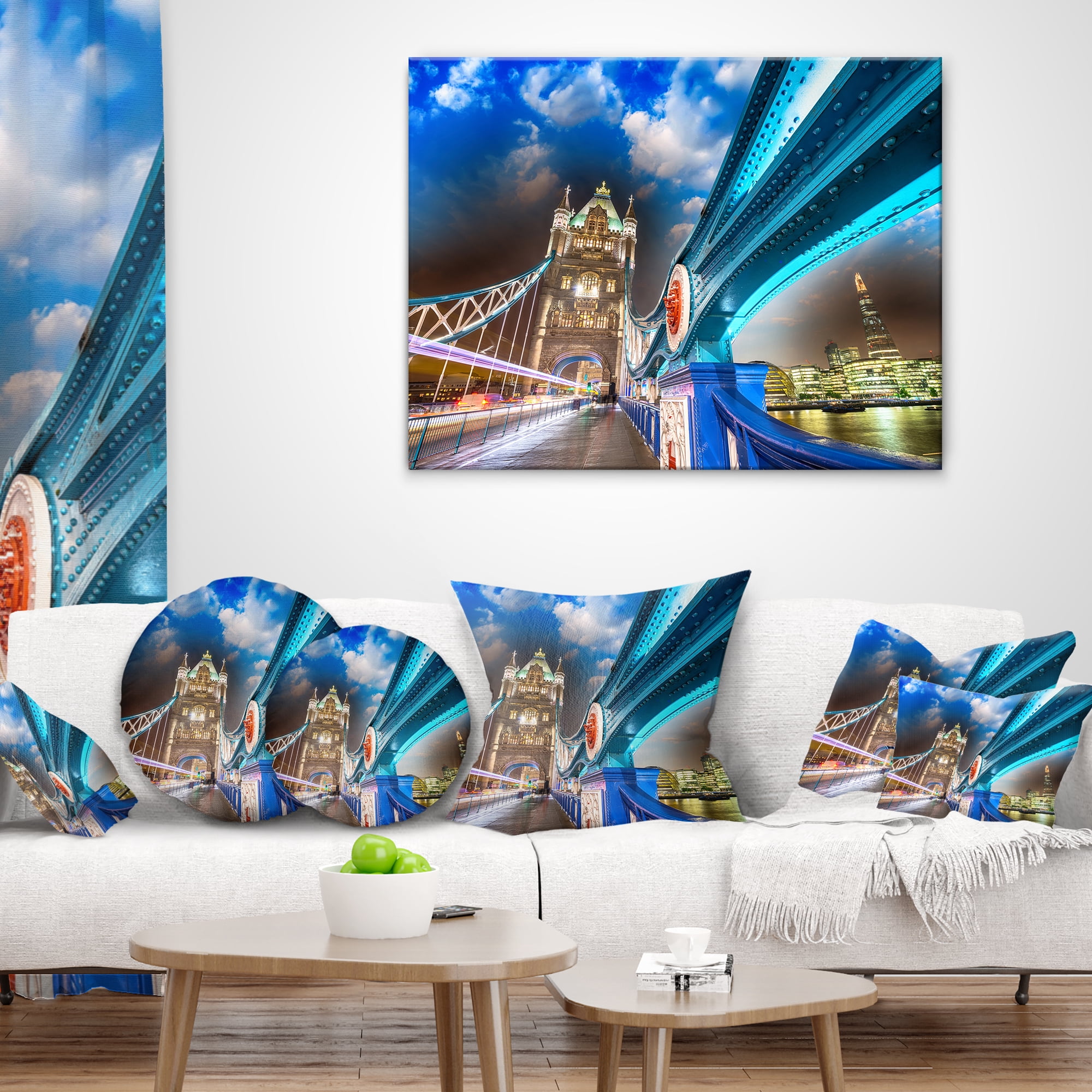 Designart Night over Tower Bridge in London - Cityscape Photo Throw Pillow - 18x18