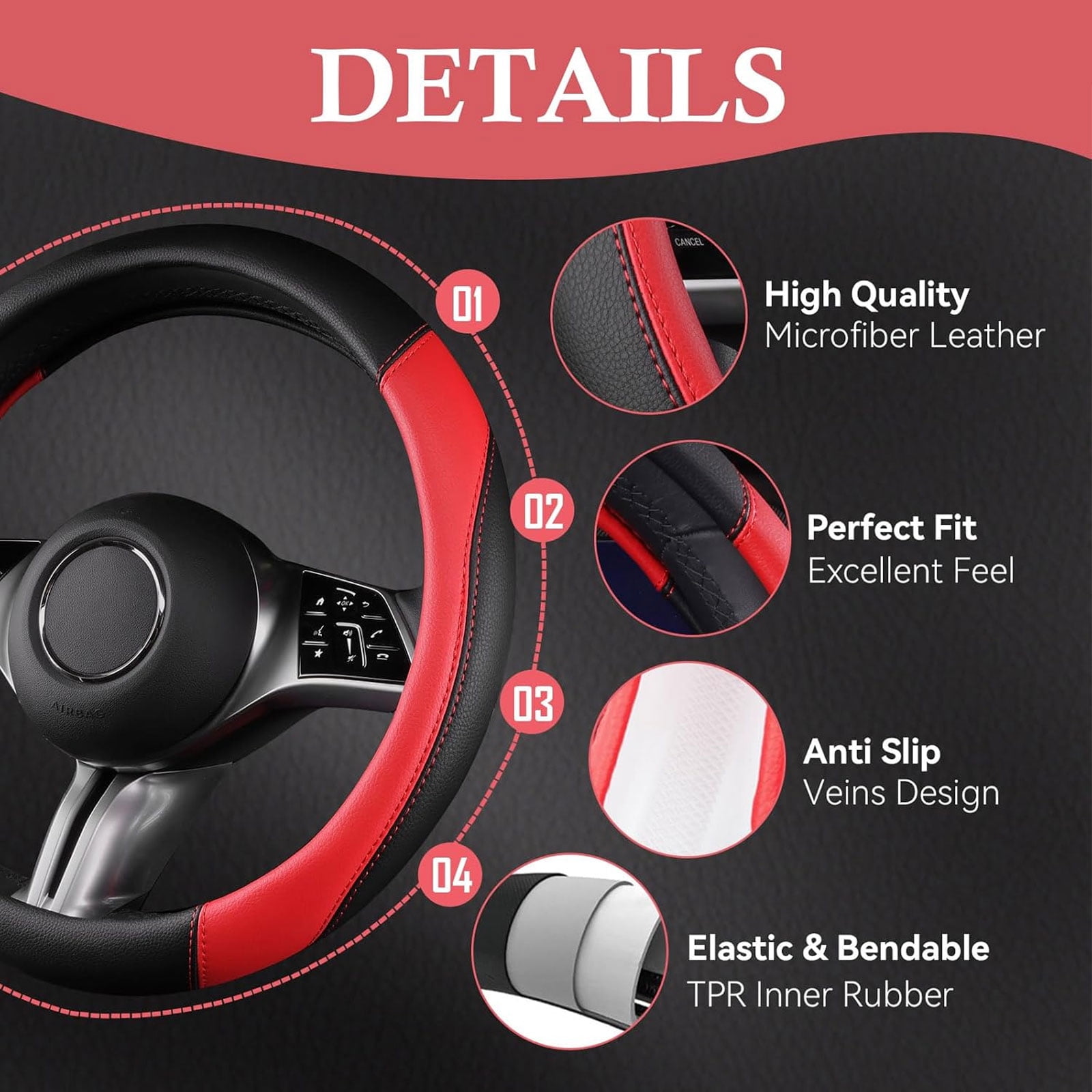 CAR GRAND Faux Leathercar Steering Wheel Cover Combo Pack Car Floor Mats, Universal Fit Waterproof Anti-slip Carpet 14.5-15 Inches Red & Black