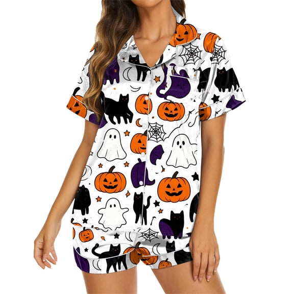 CQXIDFH Halloween Button Down Pajamas for Women Spooky Ghost Pumpkin Black Cat Print Short Sleeve Pj Set Soft Holiday Sleepwear Cute Two Piece Nightwear