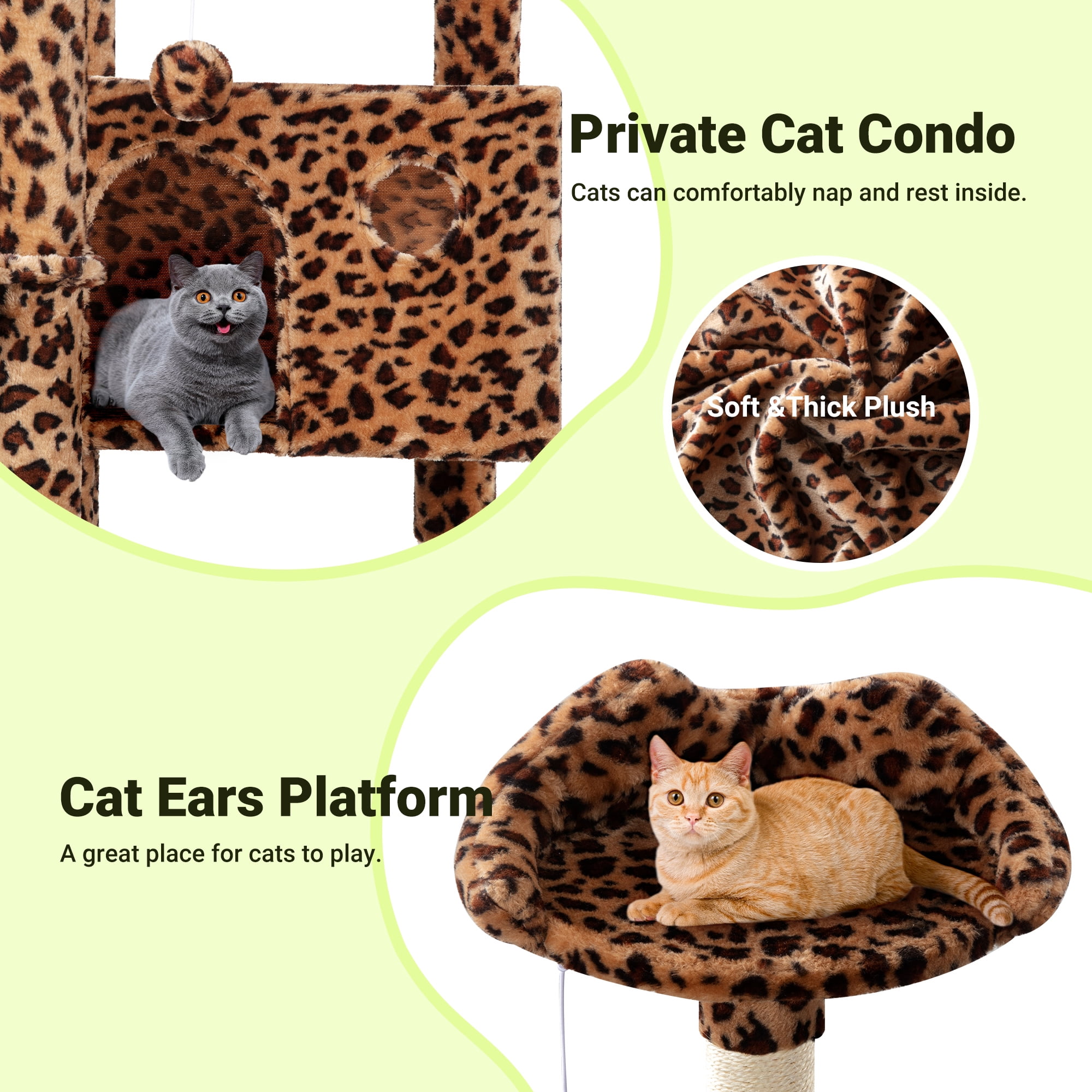 Allewie 64 Inches Cat Tree Tower, Multi-Level Activity Center for Indoor Big Felines, 2 Plush Condos, 2 Perchs, Basket, House, Sisal Scratching Posts, Hanging Cat Toys, Leopard Print