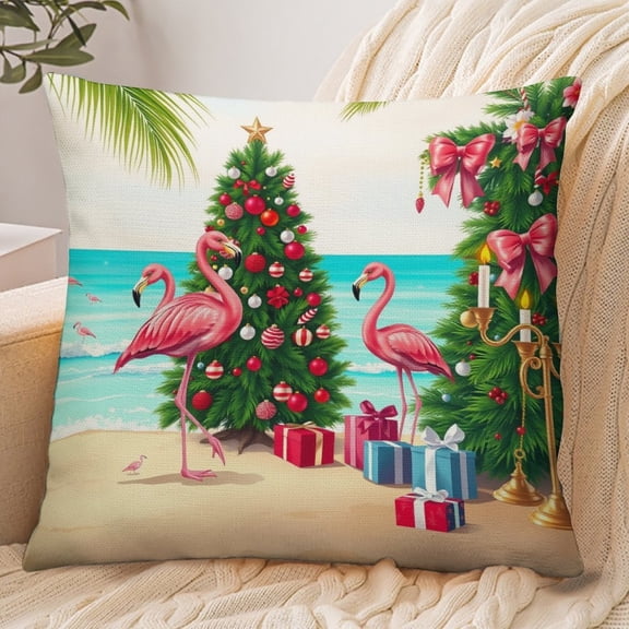 RKSupls 18x18 Inch Envelope Throw Pillow Cover, Tropical Christmas Flamingo Beach Soft Polyester Modern Farmhouse Decorative Cushion Case for Home Bedroom Living Room