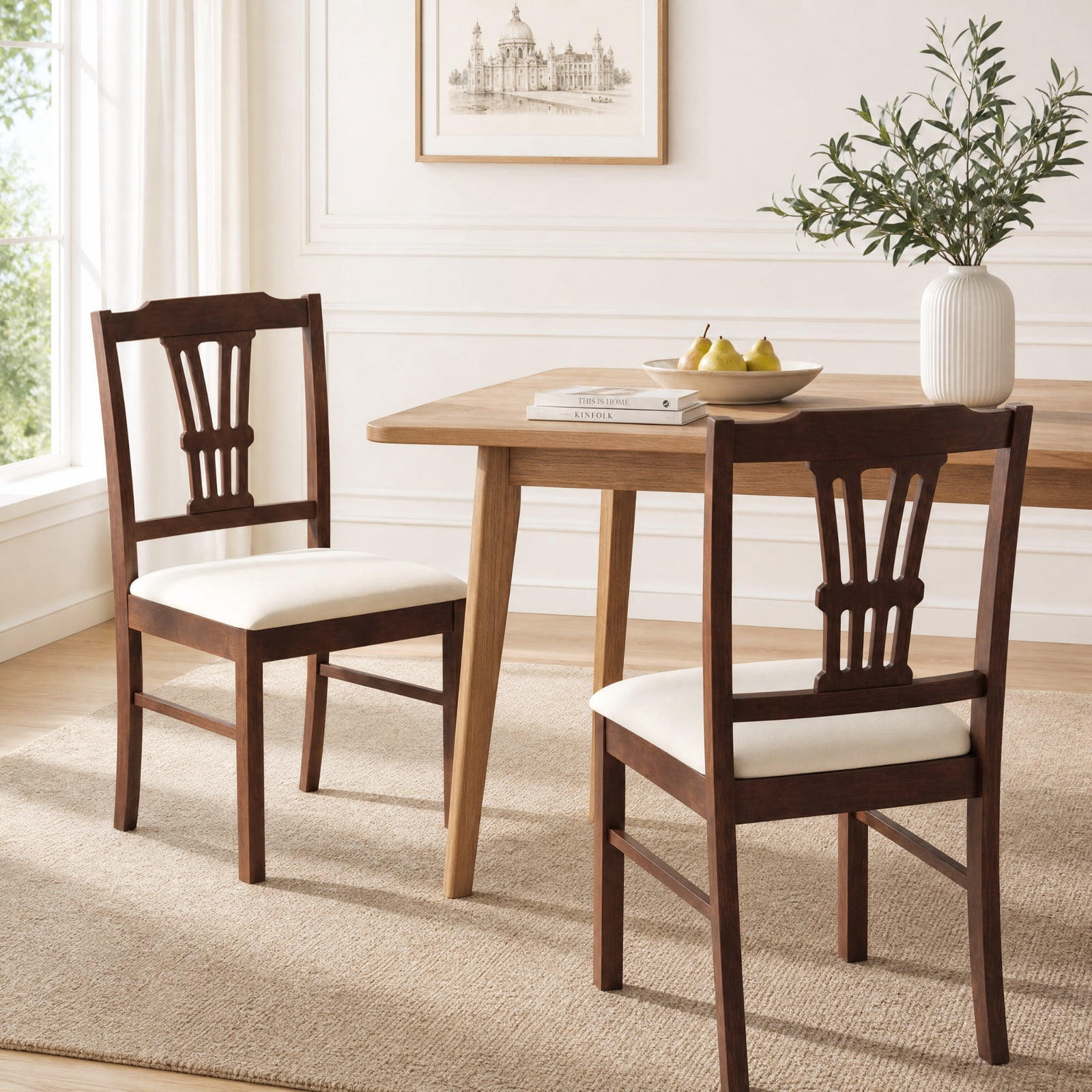 Furnibear Upholstered Dining Chairs Set of 2 Kitchen Chairs with Solid Rubber Wood Frame and Padded Seat for Dining Room, Beige