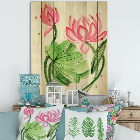 Designart 'The Dragonfly and Lotus II' Traditional Print on Natural Pine Wood